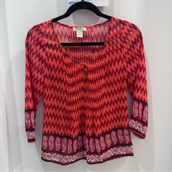 Lucky Brand Tops - Lucky Brand Sheer Orange & Red Zigzag Boho Blouse size XS